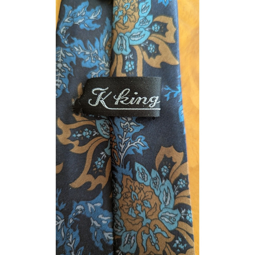 K King Vintage Floral Paisley Silk Necktie Navy Blue Teal‎ Bronze Men Accessory